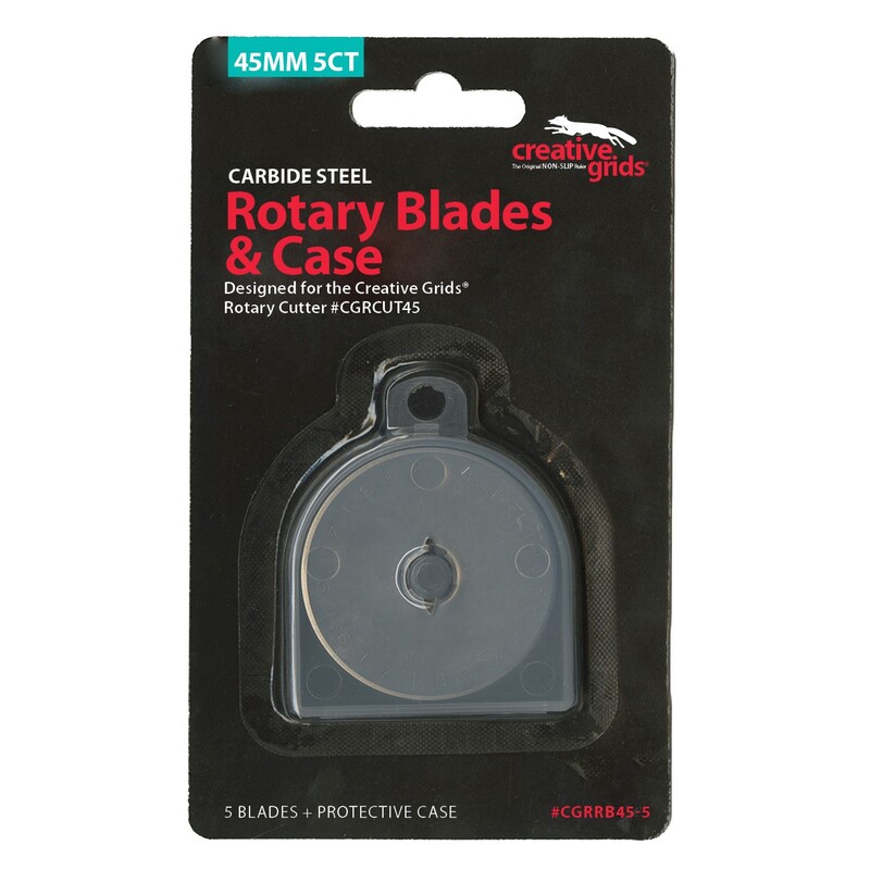 Package of five 45mm carbide steel rotary blades for Creative Grids® cutter, with a protective case.
