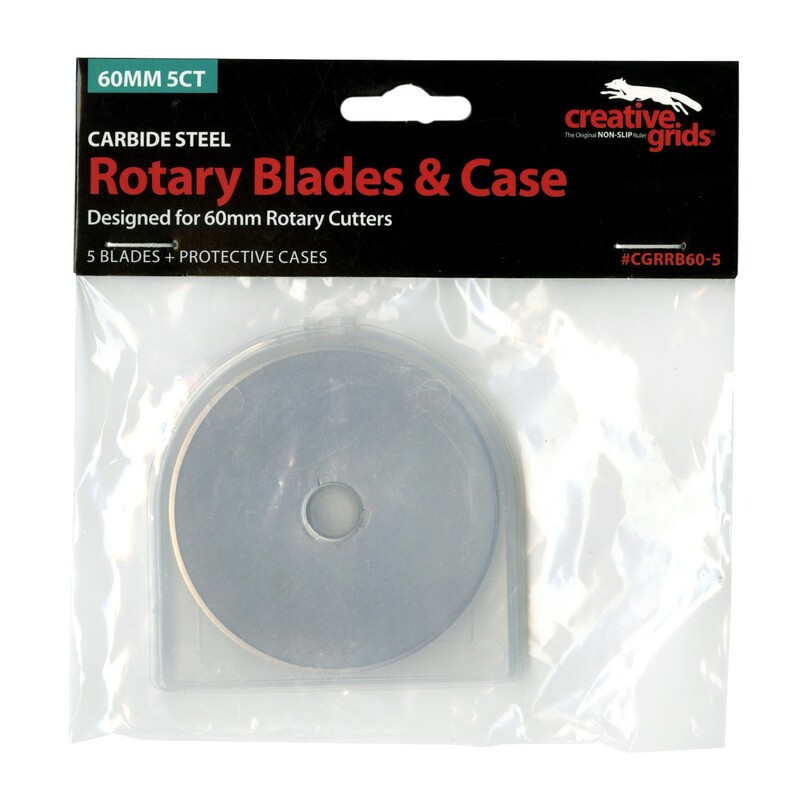 Package of five 60mm carbide steel rotary blades for Creative Grids® cutter, with a protective case.