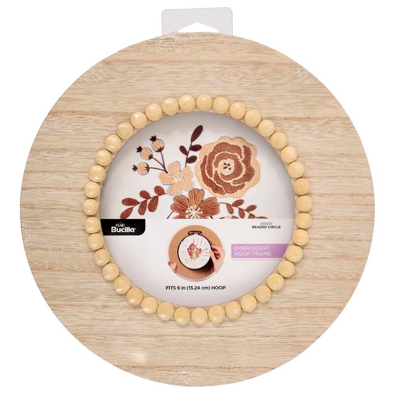 Circular beaded embroidery hoop frame with wood veneer finish.