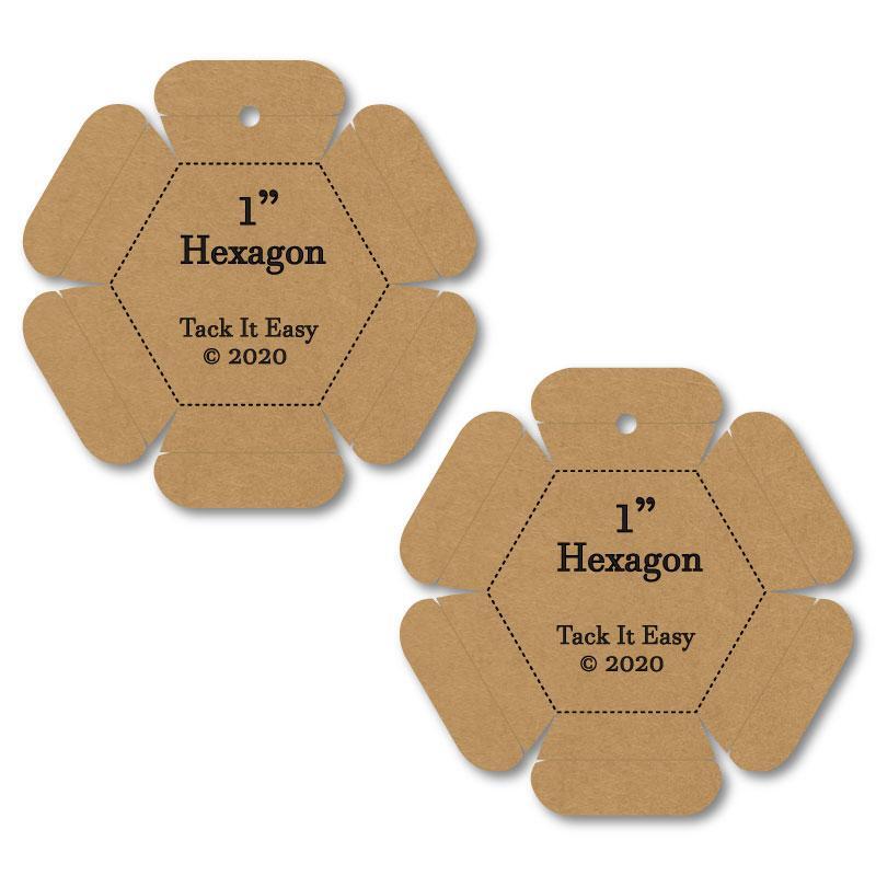 Two hexagonal cardboard tags labeled 1" Hexagon with Tack It Easy.