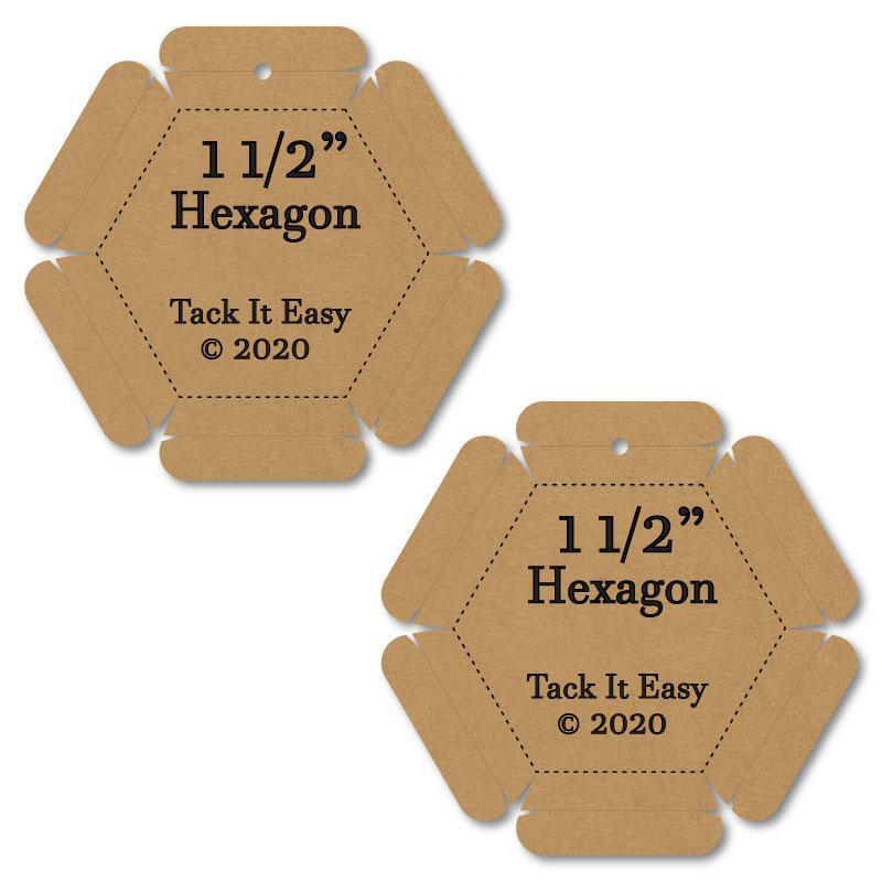 Two hexagonal cardboard tags labeled 1-1/2" Hexagon with Tack It Easy.