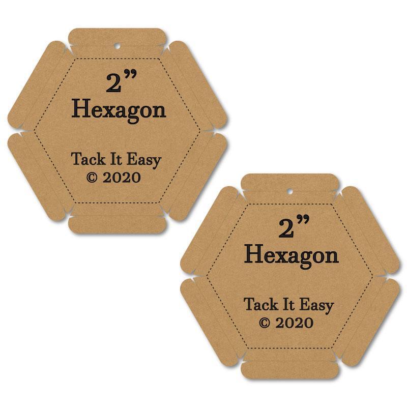 Two hexagonal cardboard tags labeled 2" Hexagon with Tack It Easy.