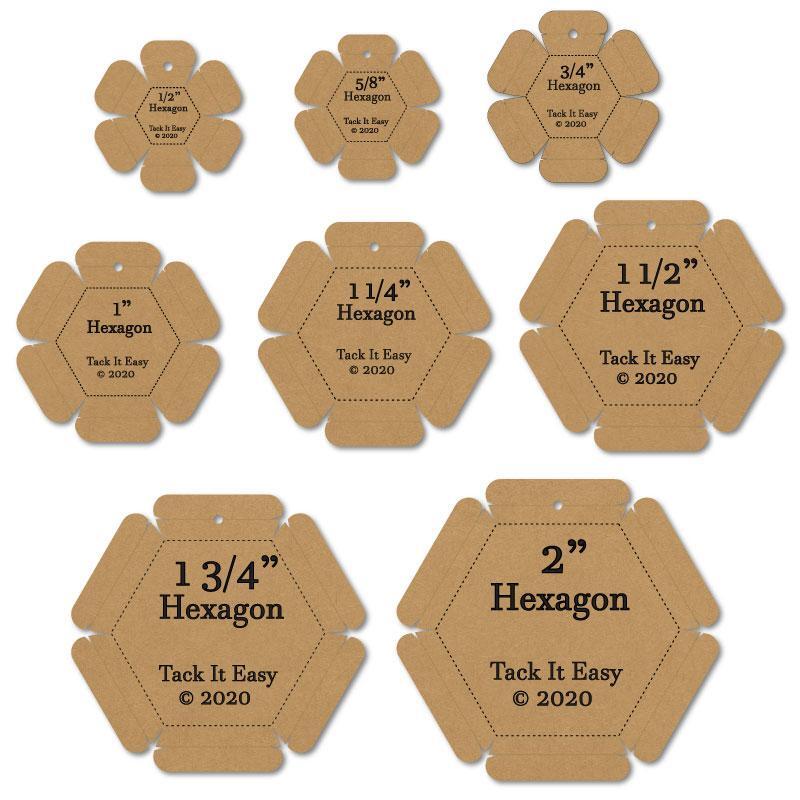 A set of 8 hexagonal cardboard tags of various sized Hexagons with Tack It Easy.