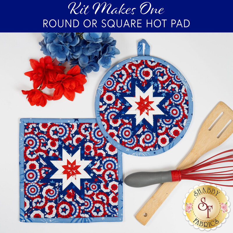 The completed Celebrate The USA Folded Star Hot Pad in both the round and square options, staged on a white table with coordinating patriotic décor.