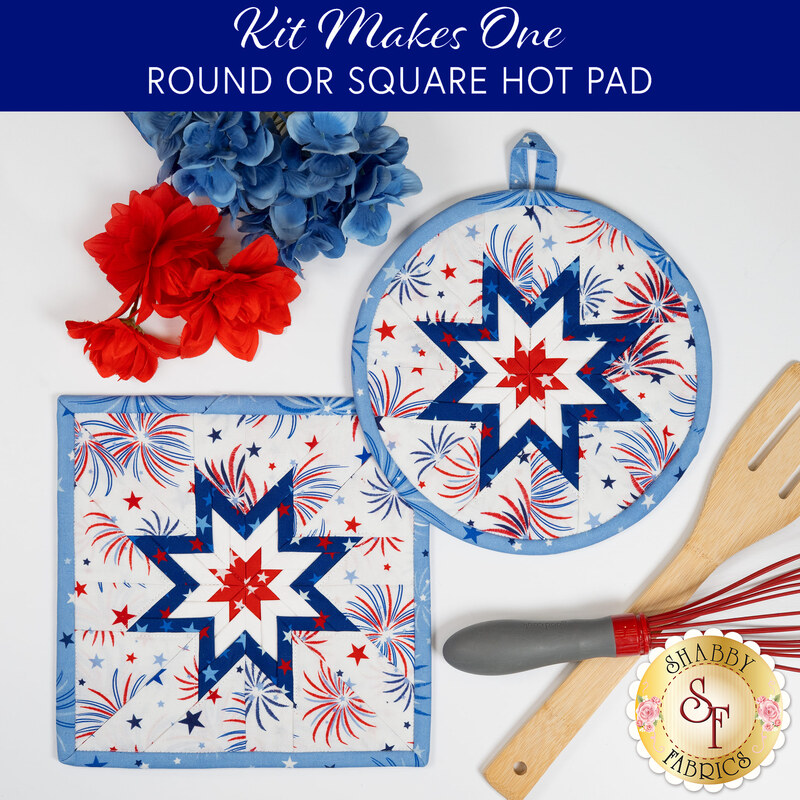 The completed Celebrate The USA Folded Star Hot Pad in both the round and square options, staged on a white table with coordinating patriotic décor.