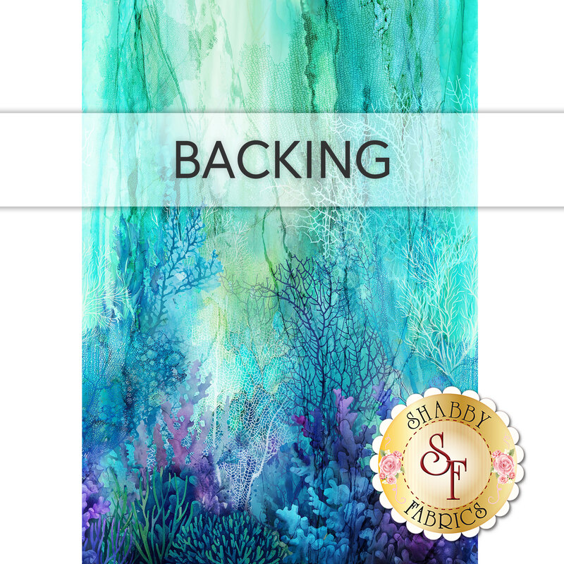 A swatch of cyan, blue, and purple fabric displaying an ombre print of a lush coral reef. A transparent banner at the top reads "Backing."