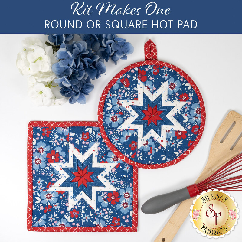 The completed Front Porch Charm Folded Star Hot Pad in both the round and square options, staged on a white table with coordinating kitchen décor.