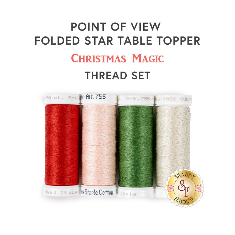 Four spools of red, pink, green, and cream thread on a white background.