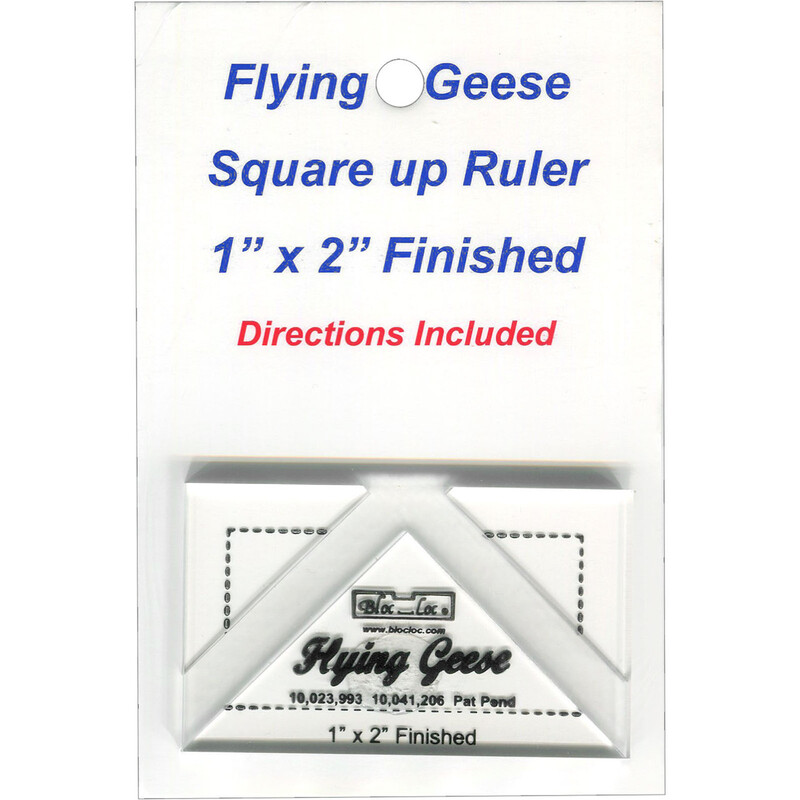 The 1" x 2" Flying Geese Square Up Ruler in its packaging and isolated on a white background. 