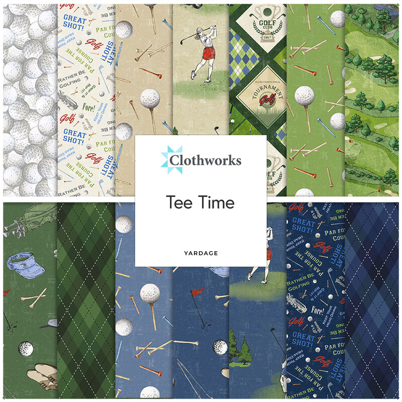 A collection of golf-themed fabric patterns featuring golf balls, clubs, and landscapes. Tee Time is centered.