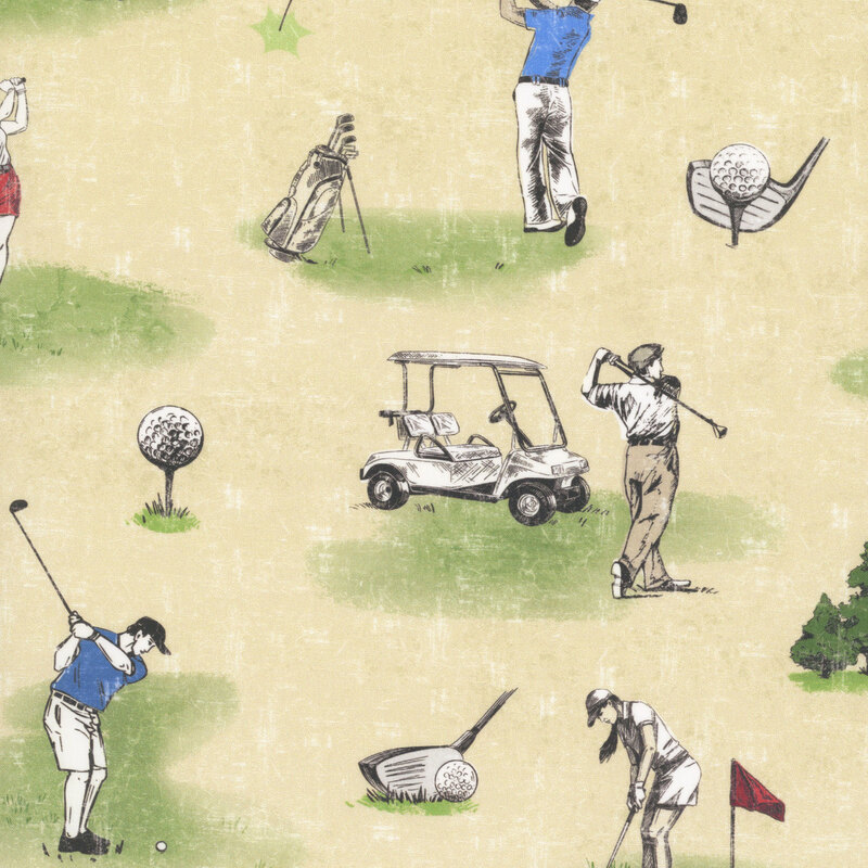 Tan fabric with scattered scenes of golfers taking their shots alongside a variety of golf-themed motifs.