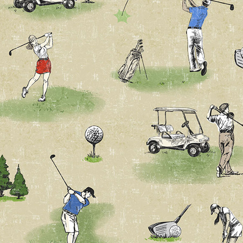 Tan fabric with scattered scenes of golfers taking their shots alongside a variety of golf-themed motifs.