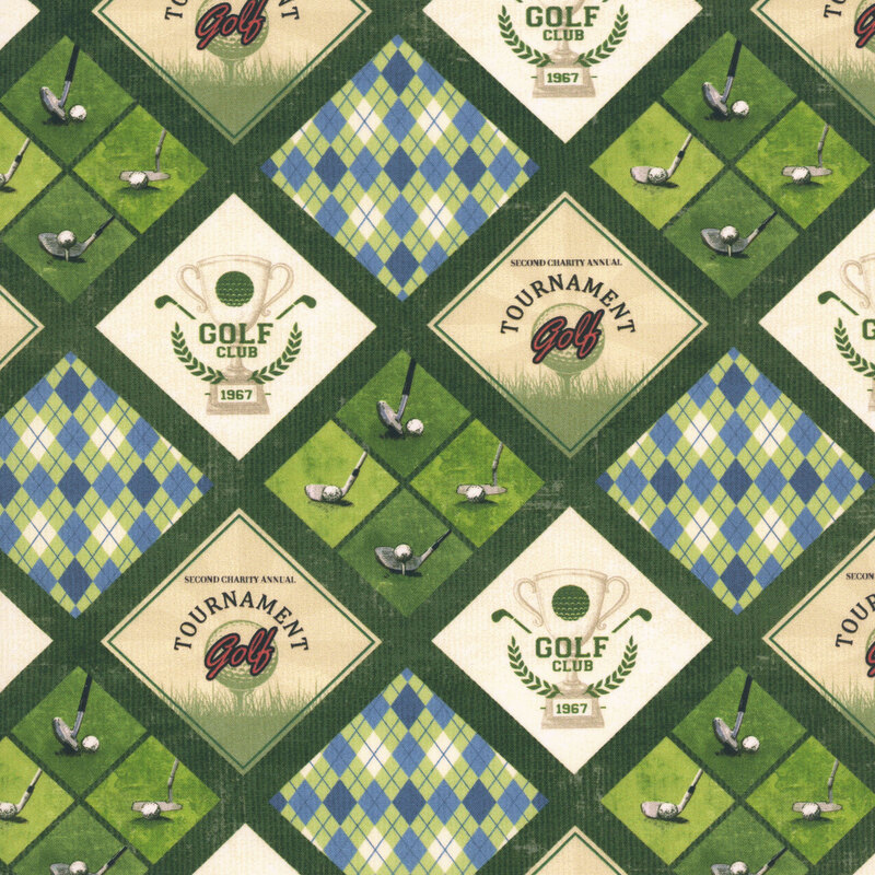 Green fabric with a lattice pattern filled with golf motifs, including balls, clubs, trophies, and argyle-inspired accents.