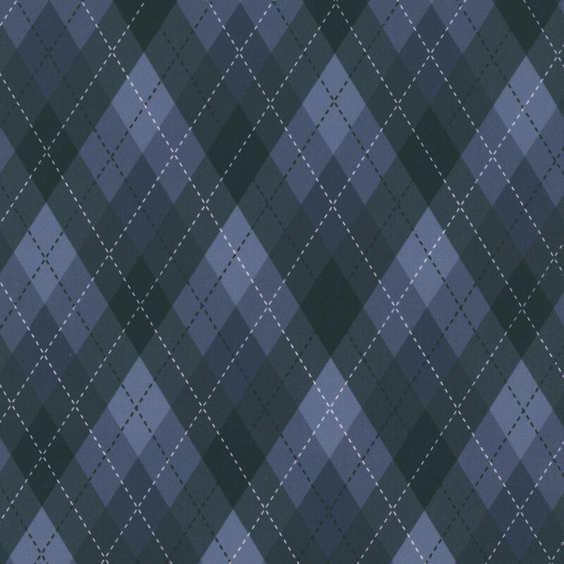 Blue fabric with a classic argyle plaid pattern.