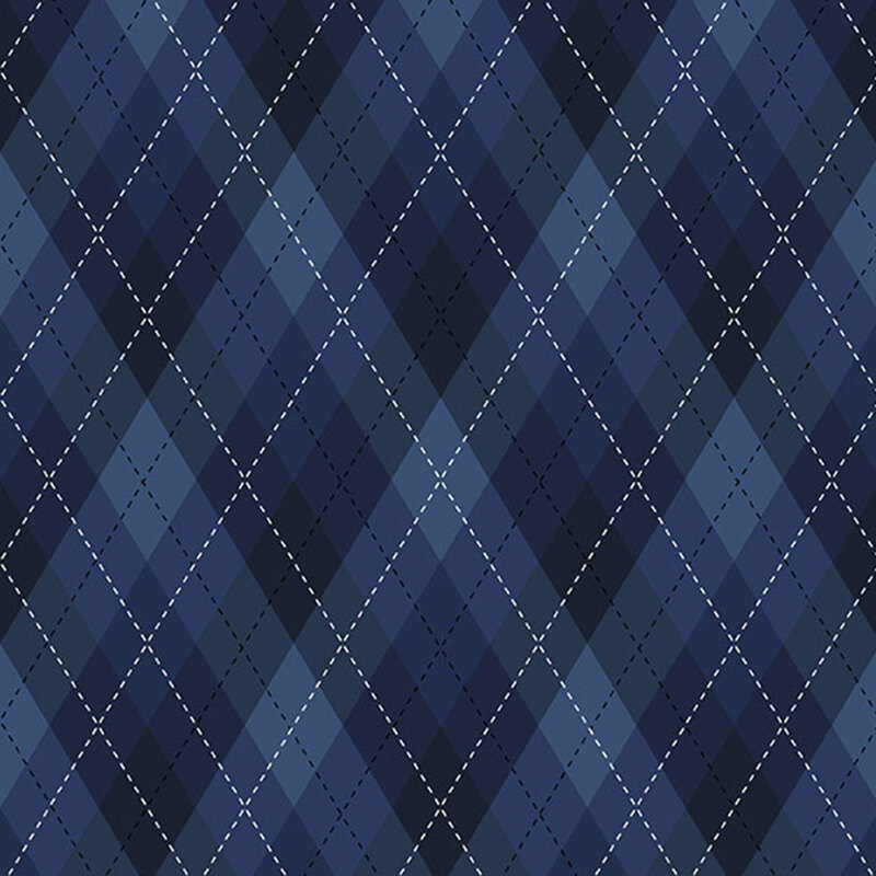 Blue fabric with a classic argyle plaid pattern.