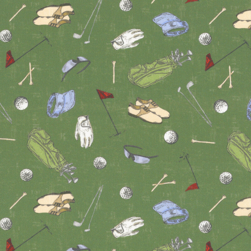 Green fabric with a scattered pattern of golf gear, including bags, clubs, tees, apparel, and balls.
