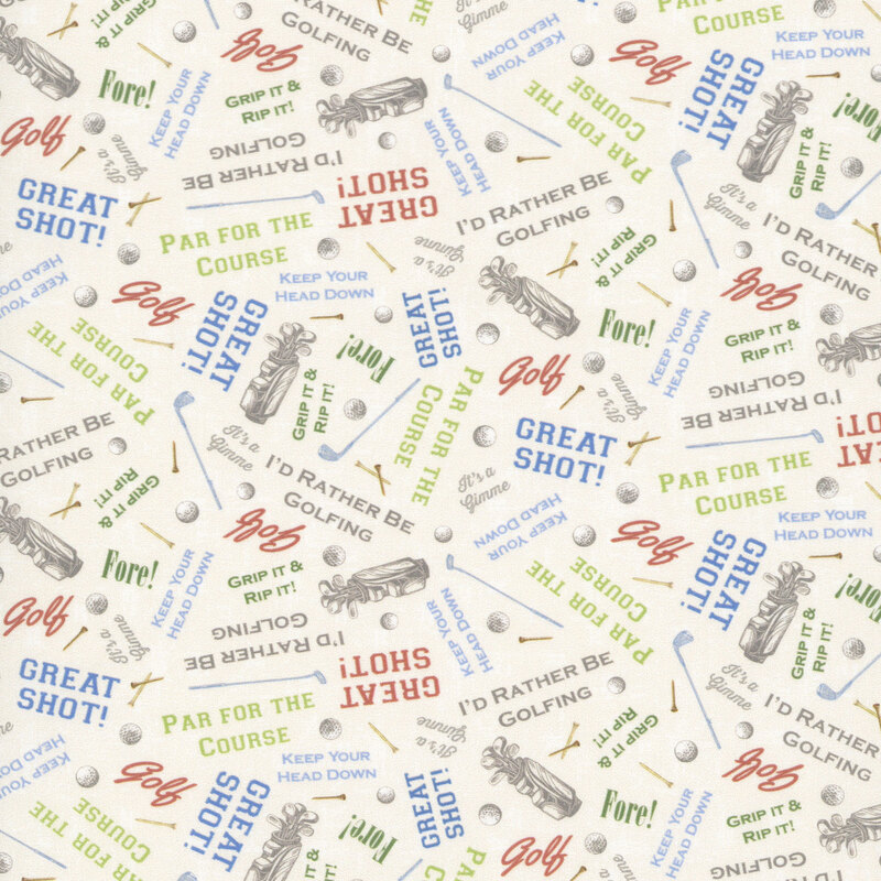 Cream fabric with a scattered pattern of golf motifs.