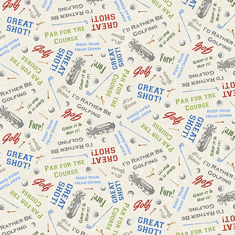 Cream fabric with a scattered pattern of golf motifs.