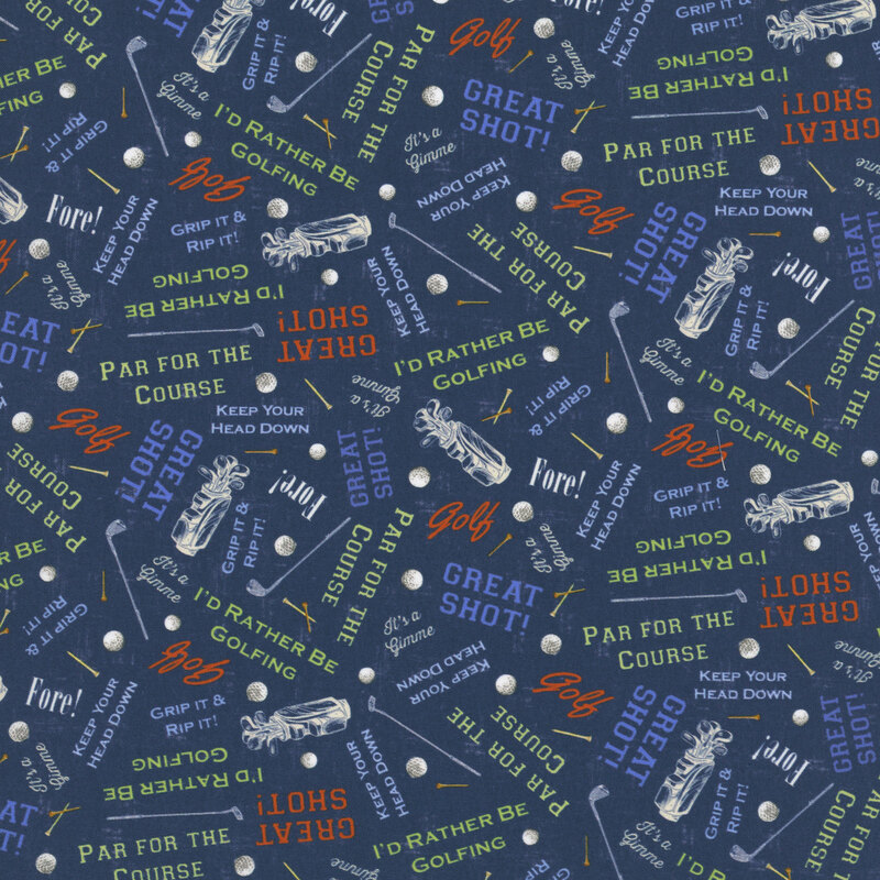 Blue fabric with a scattered pattern of golf motifs, clubs, bags, and playful golf-themed phrases.
