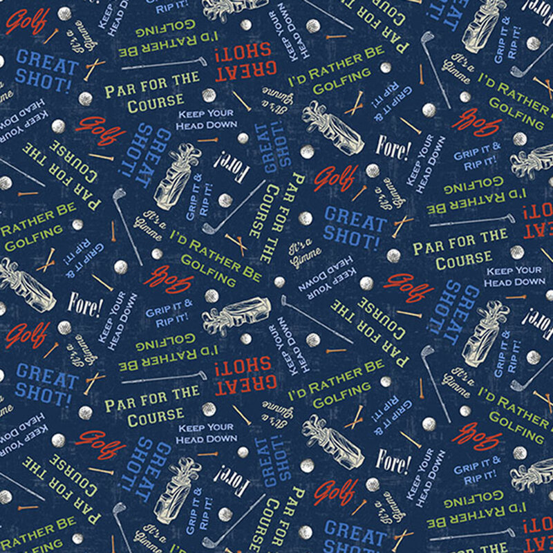 Blue fabric with a scattered pattern of golf motifs, clubs, bags, and playful golf-themed phrases.