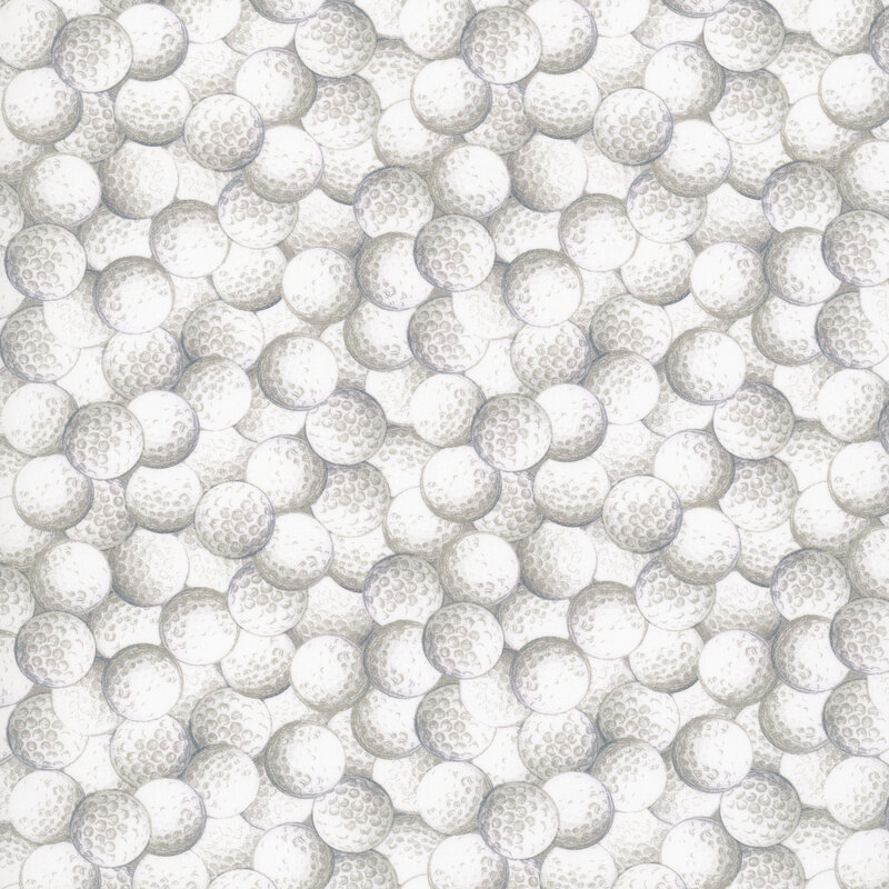 White fabric with a dense allover pattern of golf balls.