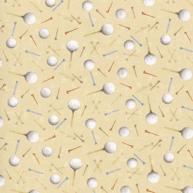 Tan fabric with a tossed pattern of golf balls and tees.