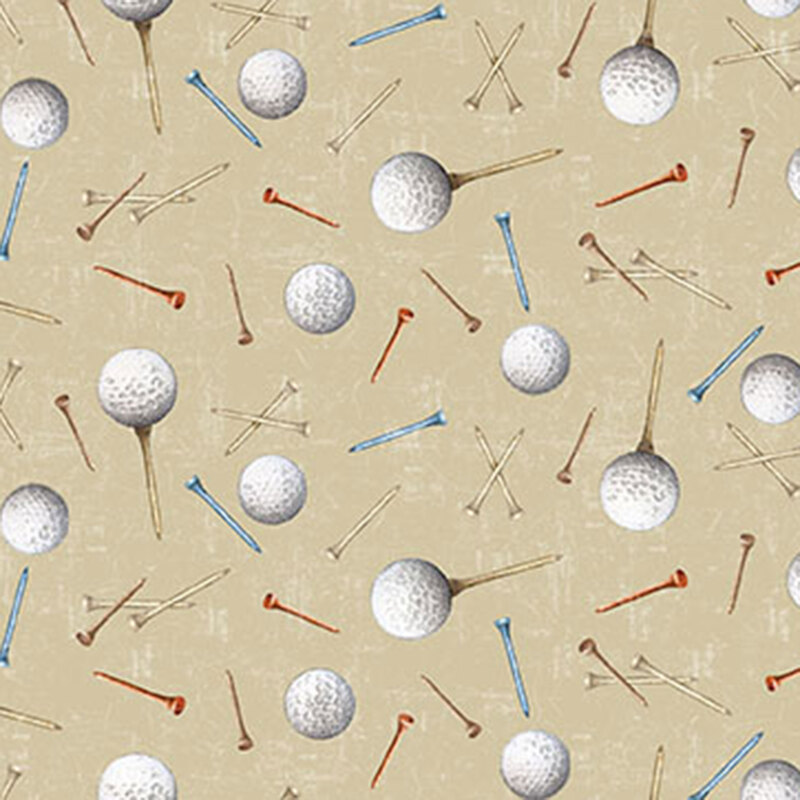Tan fabric with a tossed pattern of golf balls and tees.