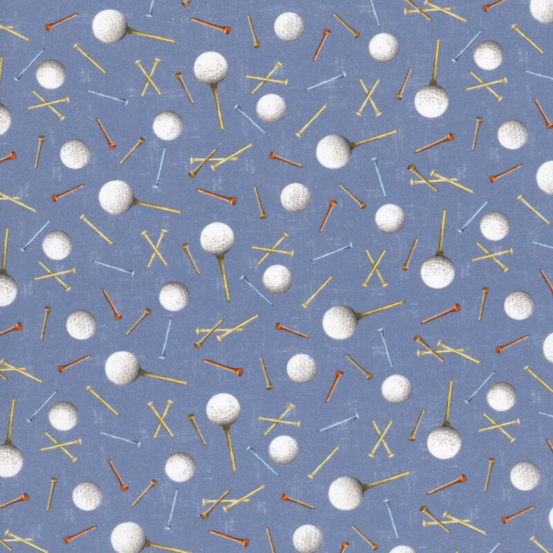 Blue fabric with a tossed pattern of golf balls and tees.