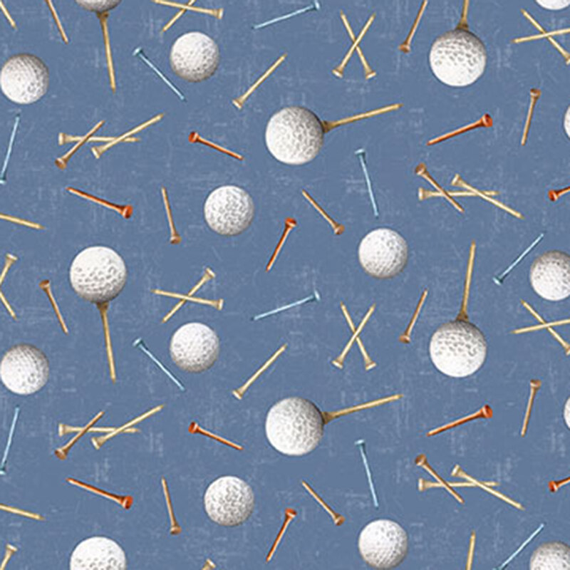 Blue fabric with a tossed pattern of golf balls and tees.