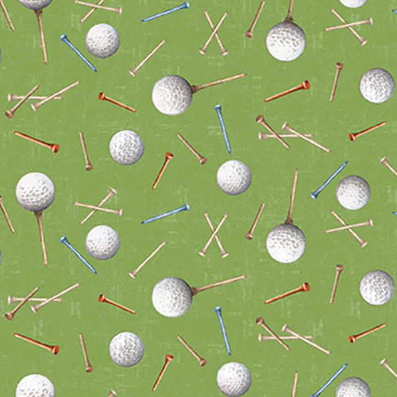 Green fabric with a tossed pattern of golf balls and tees