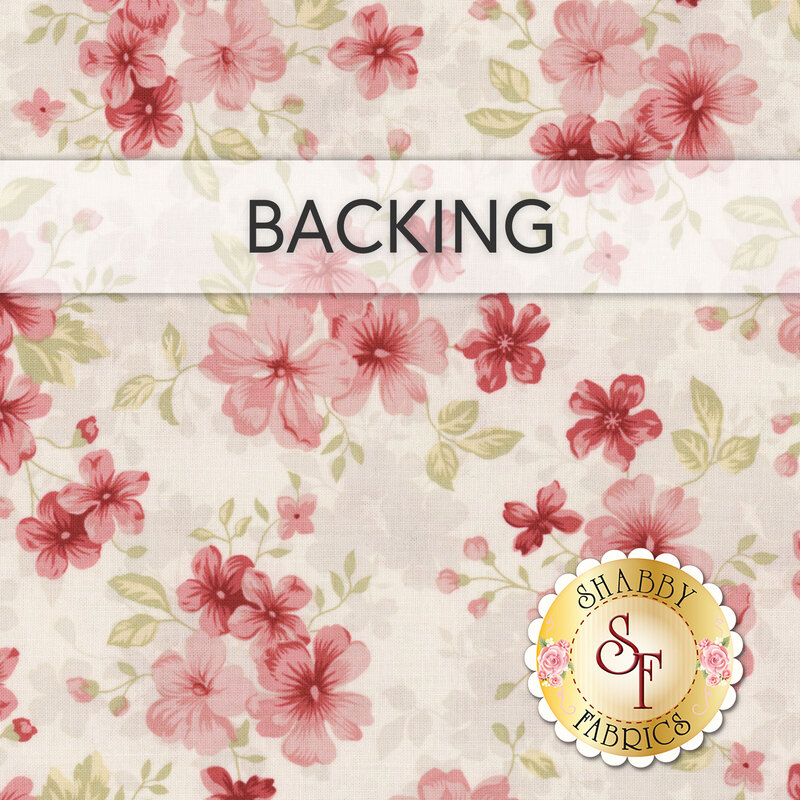 A swatch of cream fabric with a design of delicate pink florals. A banner at the top reads "Backing" and a golden Shabby Fabrics sits in the bottom right corner.