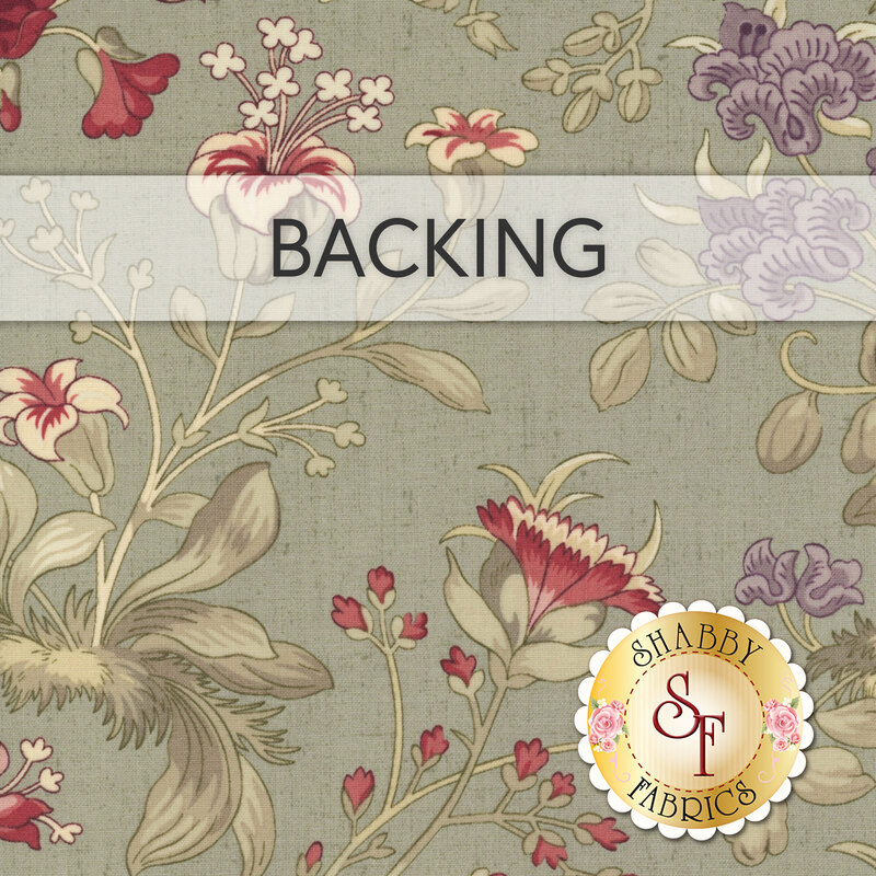 A swatch of sage green fabric with shabby, textured florals. A banner at the top reads "Backing" and a golden Shabby Fabrics logo can be seen in the lower right hand corner.