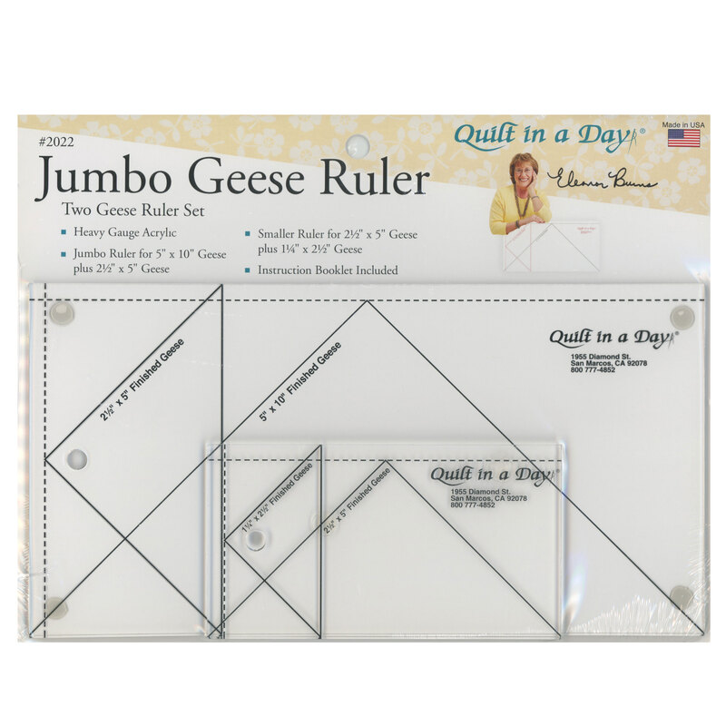 The Jumbo Flying Geese Ruler Set in it's packaging and isolated on a white background. 