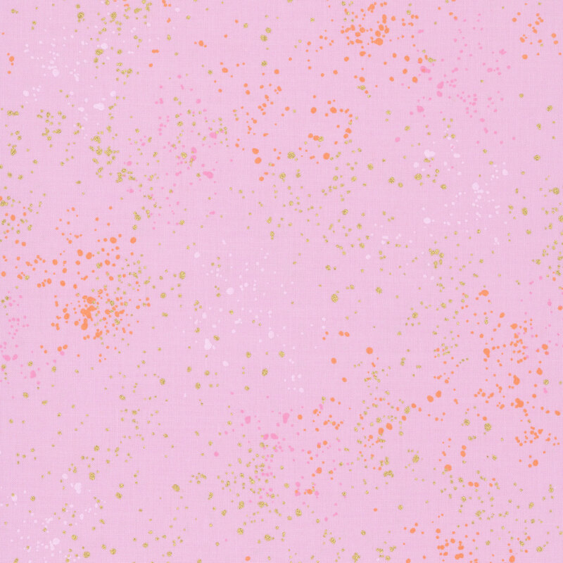 Peony pink fabric with natural metallic splatters of orange, pink, white, and gold.