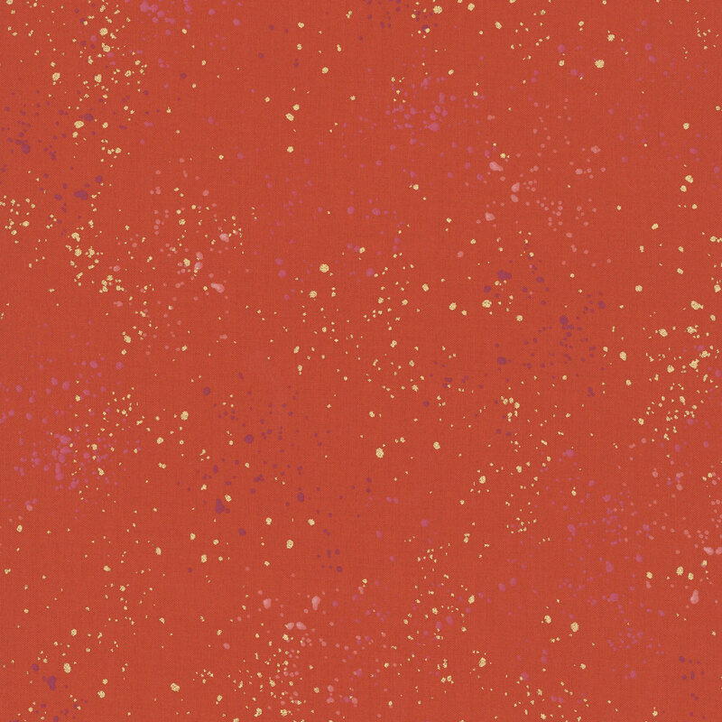 Cayenne red fabric with natural metallic splatters of dark plum, purple, pink, and gold.