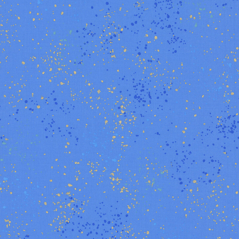 Cornflower blue fabric with natural metallic splatters of royal blue, aqua, sky blue, and gold.