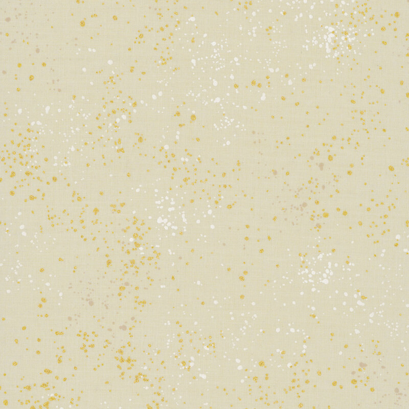 Sand fabric with natural metallic splatters of white, taupe, and gold.