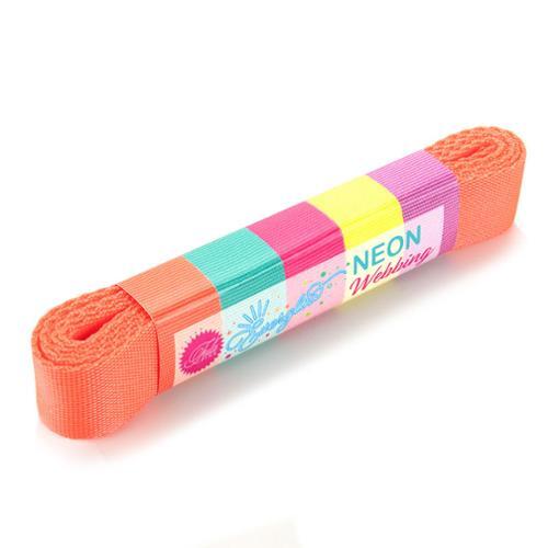 Orange webbing with a colorful label reading Everglow Neon Webbing by Renaissance Ribbons.