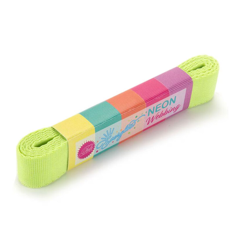 neon yellow webbing with a colorful label reading Everglow Neon Webbing by Renaissance Ribbons.