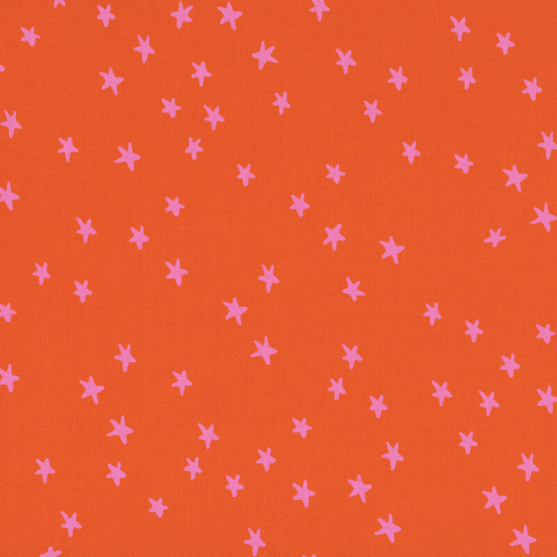 Scarlet red fabric with a pink star pattern.