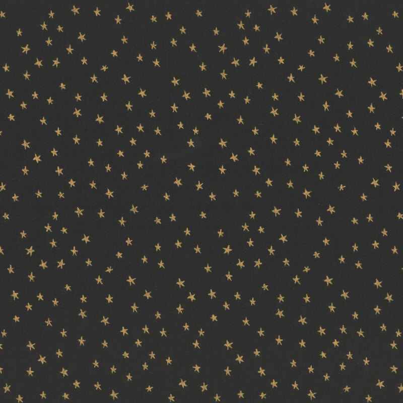 Black fabric with a metallic gold mini star pattern.