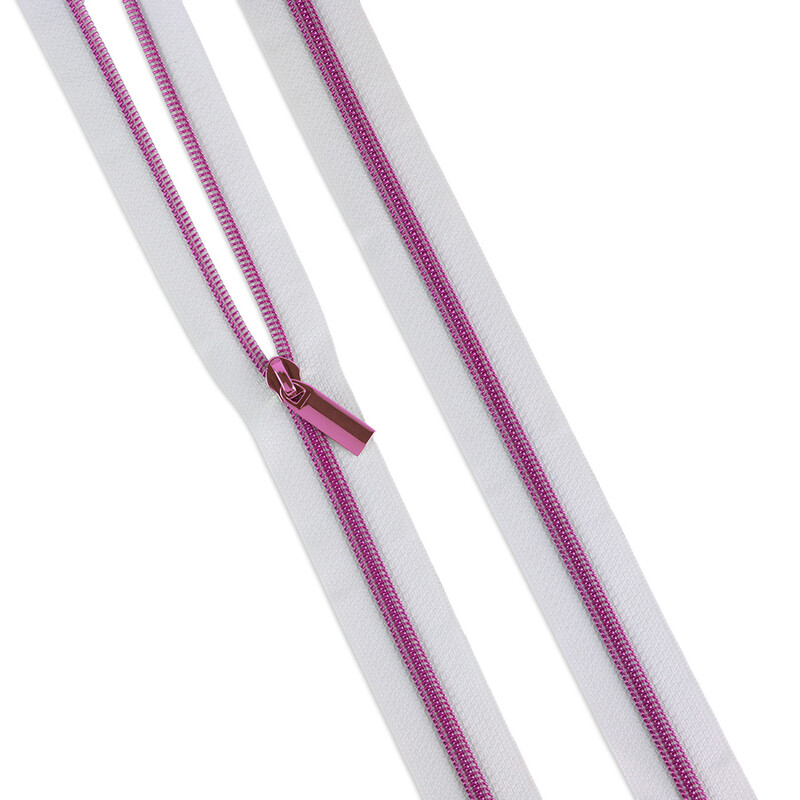 The white zipper laid out flat with a single zipper pull. 
