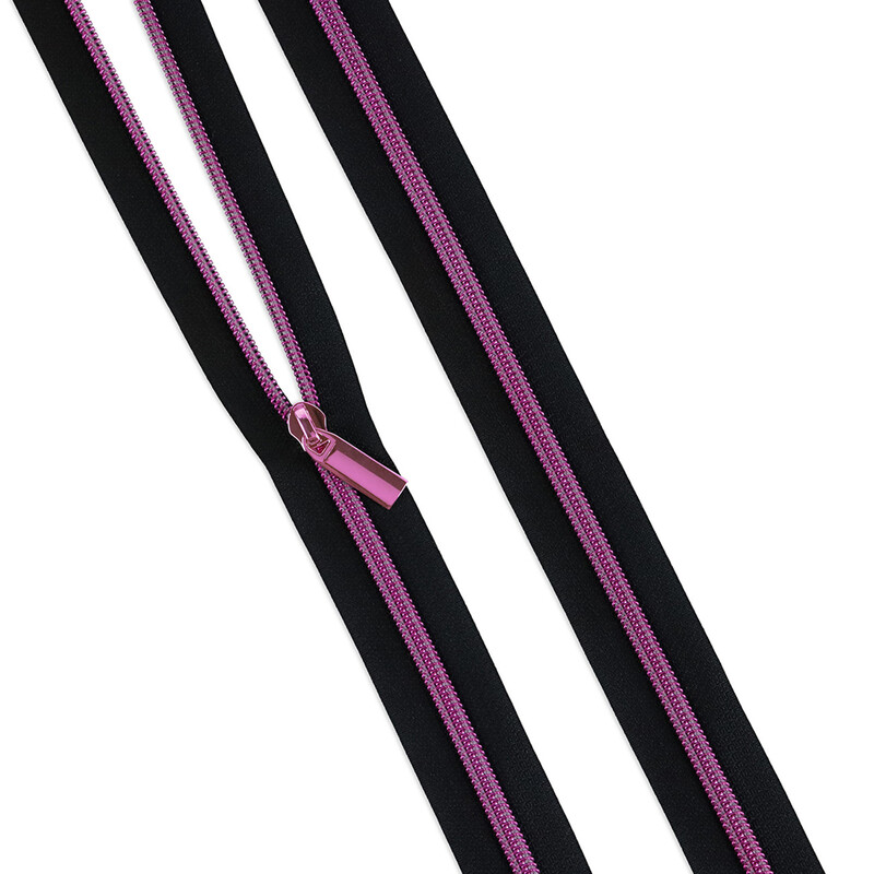 The black zipper laid out flat with a single zipper pull. 