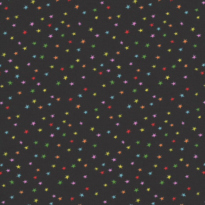 Black fabric with tiny scattered stars in shades of red, orange, yellow, green, blue, and pink.