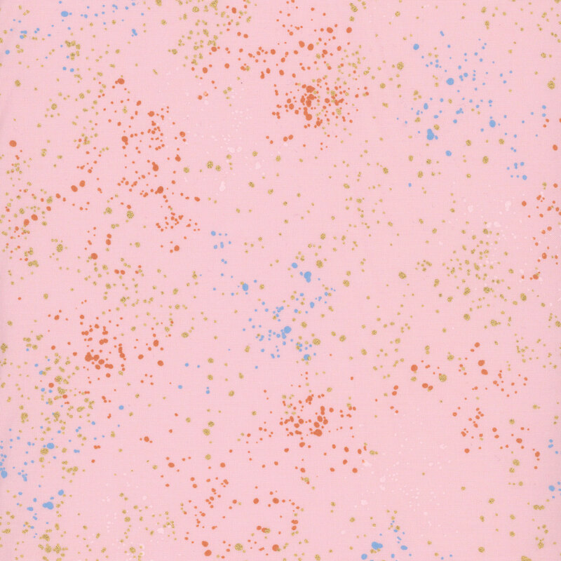 Light pink fabric with splatters of blue, orange, white, and metallic gold.