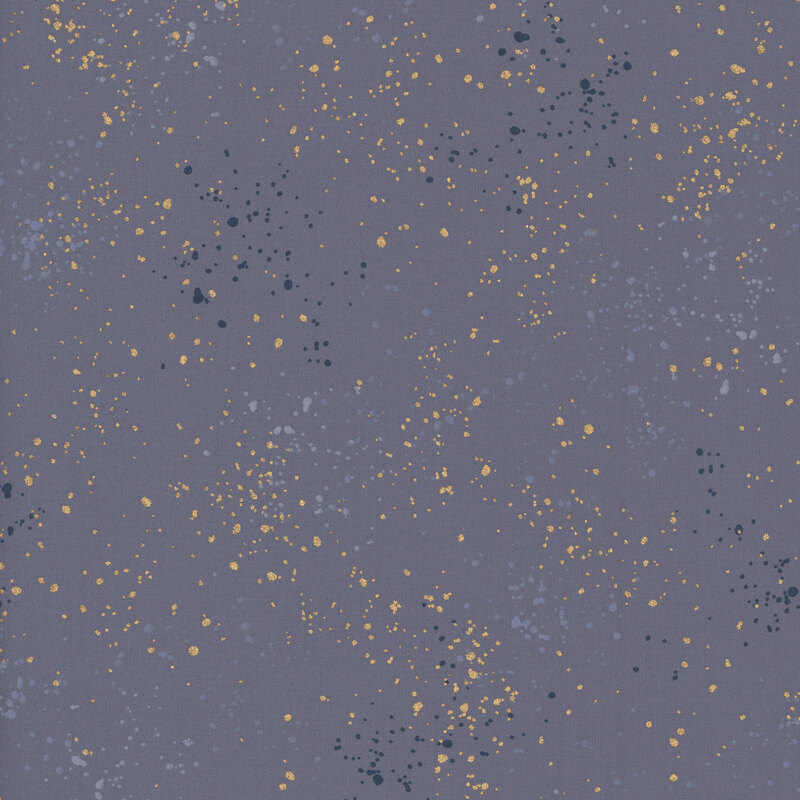 Light blue gray fabric with splatters of light blue, navy, and metallic gold.