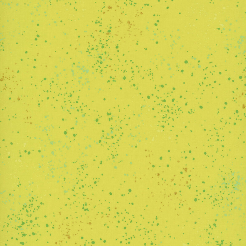 Lime fabric with splatters of teal, mint, and metallic gold.