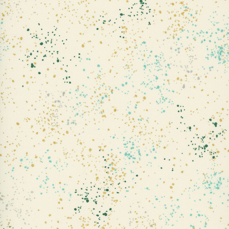 beige fabric with splatters of beryl, aqua, gray, and metallic gold.