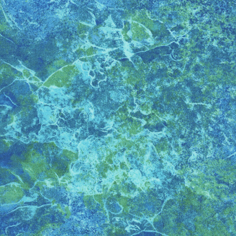 Deep sky blue fabric with a green and pale aqua textured surface that emulates the look of natural stone. 