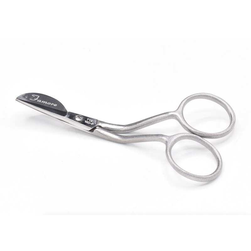 scissors with a rounded duckbill tip and shiny metal blades.